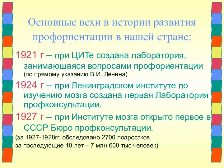 Основные вехи в истории развития профориентации в нашей стране: 1921 г