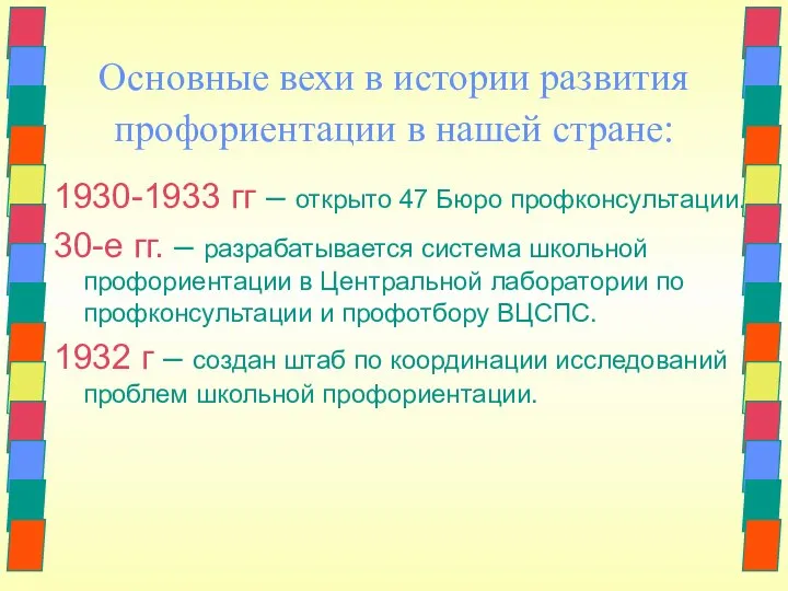 Основные вехи в истории развития профориентации в нашей стране: 1930-1933 гг