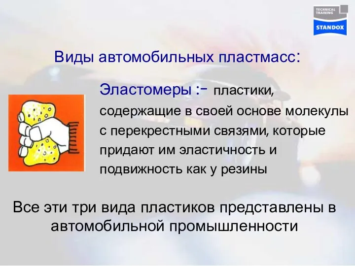 Виды автомобильных пластмасс: Эластомеры :- пластики, содержащие в своей основе молекулы