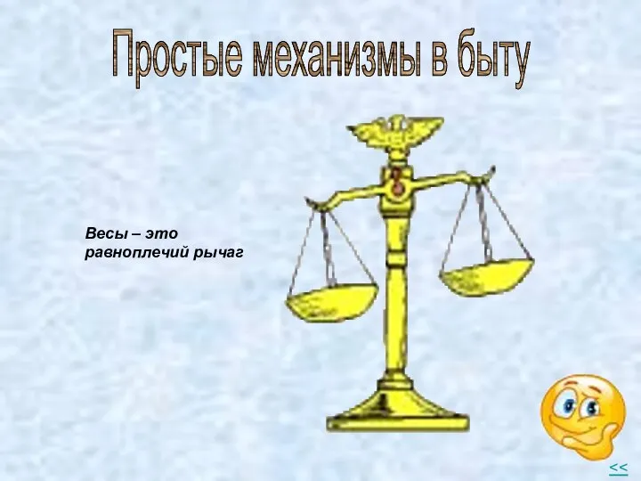 Простые механизмы в быту Весы – это равноплечий рычаг