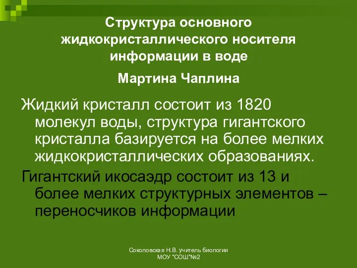 Структура основного жидкокристаллического носителя информации в воде Мартина Чаплина Жидкий кристалл