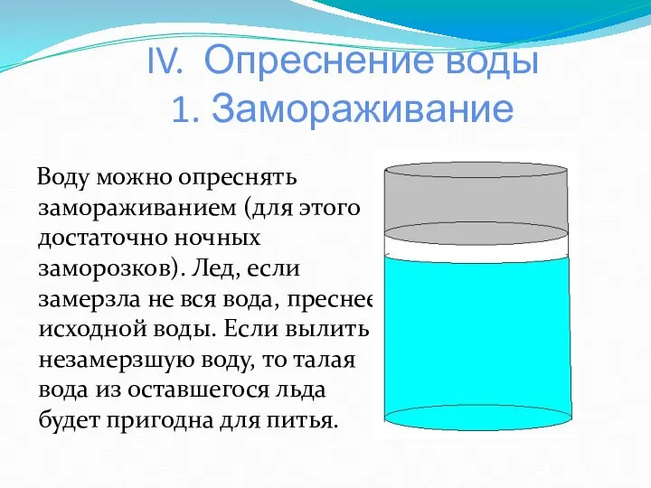 IV. Опреснение воды 1. Замораживание Воду можно опреснять замораживанием (для этого