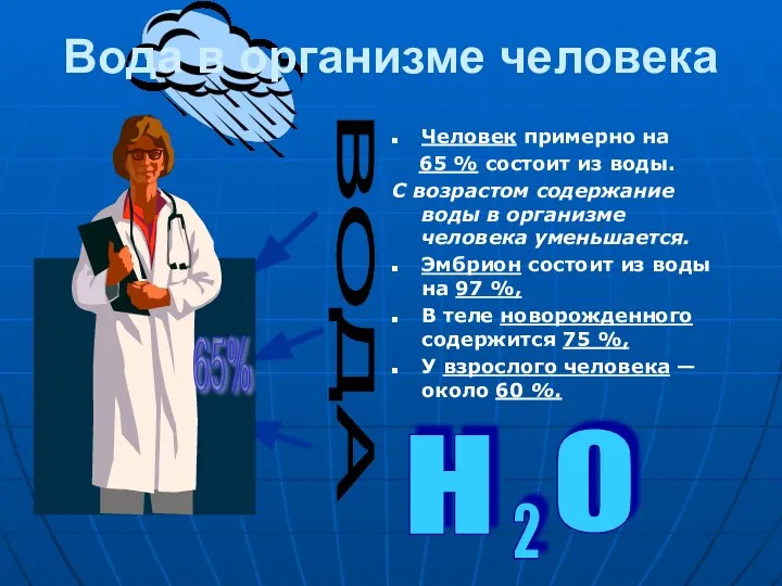 Вода в организме человека Человек примерно на 65 % состоит из