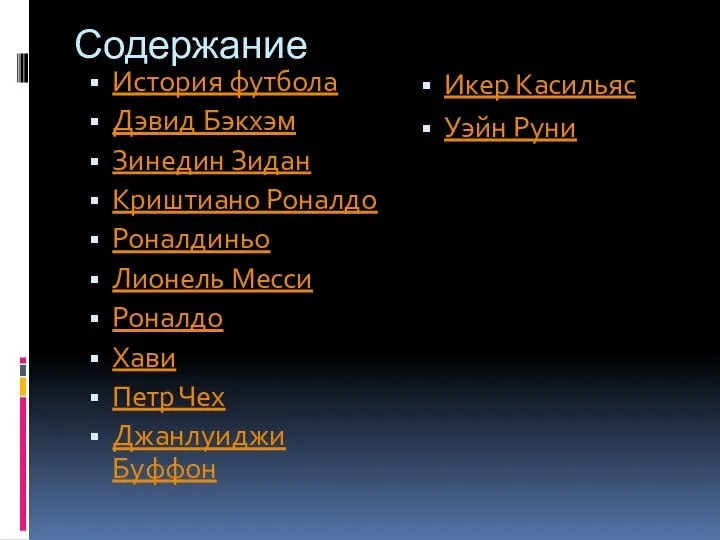 Содержание История футбола Дэвид Бэкхэм Зинедин Зидан Криштиано Роналдо Роналдиньо Лионель