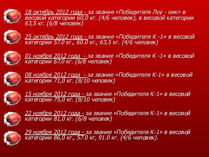 18 октябрь 2012 года - за звание «Победителя Лоу - кик»