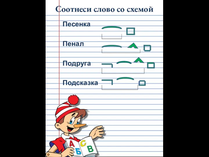 Соотнеси слово со схемой Песенка Пенал Подруга Подсказка