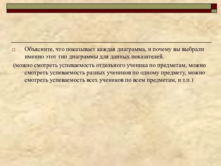 Объясните, что показывает каждая диаграмма, и почему вы выбрали именно этот