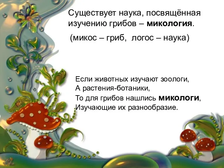 Если животных изучают зоологи, А растения-ботаники, То для грибов нашлись микологи,