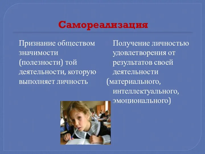 Самореализация Признание обществом значимости (полезности) той деятельности, которую выполняет личность Получение