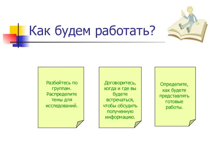 Как будем работать? Разбейтесь по группам. Распределите темы для исследований. Договоритесь,