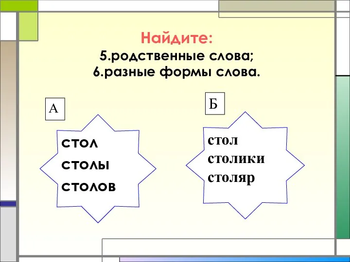 Найдите: 5.родственные слова; 6.разные формы слова. стол столики столяр стол столы столов А Б