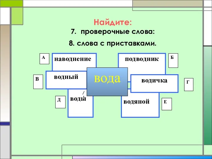 Найдите: 7. проверочные слова: 8. слова с приставками.