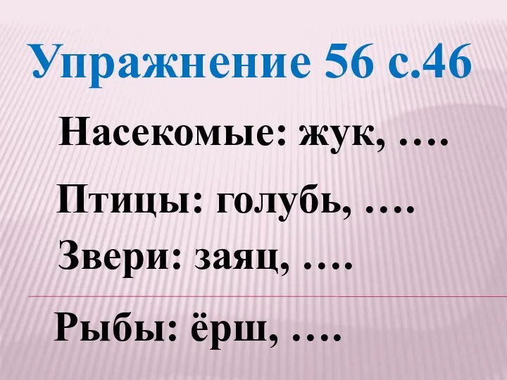 Упражнение 56 с.46 Насекомые: жук, …. Птицы: голубь, …. Звери: заяц, …. Рыбы: ёрш, ….