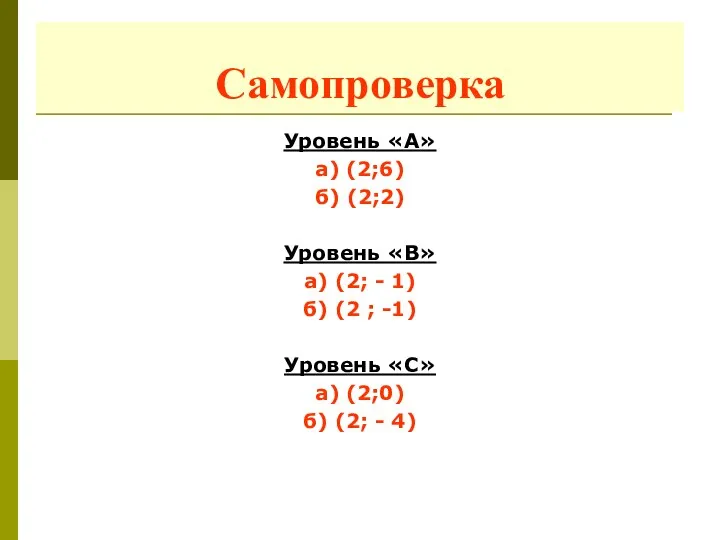 Самопроверка Уровень «А» а) (2;6) б) (2;2) Уровень «B» а) (2;