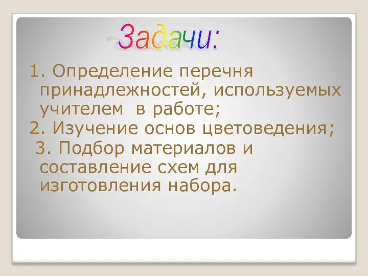 1. Определение перечня принадлежностей, используемых учителем в работе; 2. Изучение основ