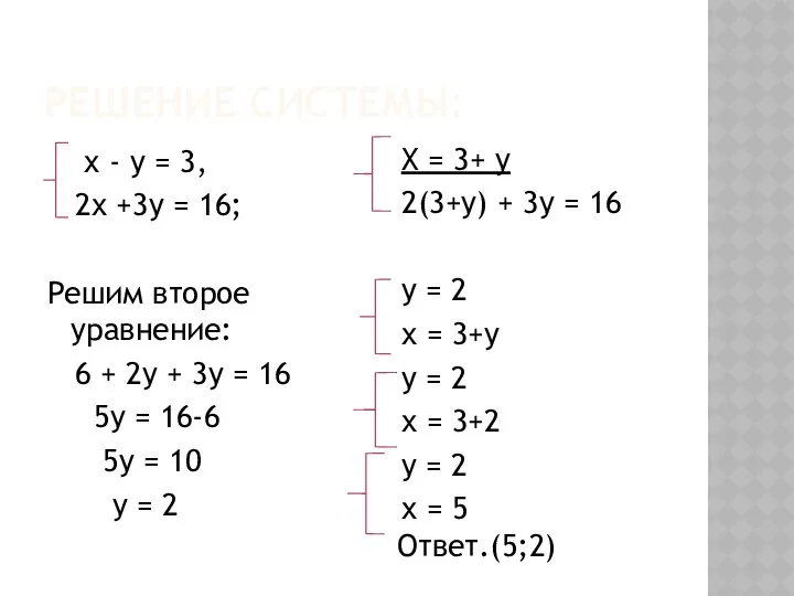 РЕШЕНИЕ СИСТЕМЫ: х - у = 3, 2х +3у = 16;