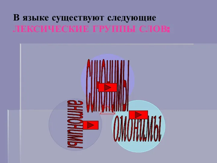 В языке существуют следующие ЛЕКСИЧЕСКИЕ ГРУППЫ СЛОВ: синонимы антонимы омонимы