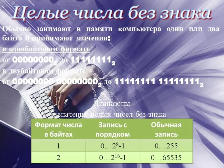 Целые числа без знака Обычно занимают в памяти компьютера один или