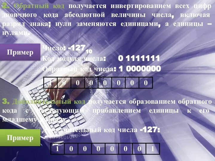 2. Обратный код получается инвертированием всех цифр двоичного кода абсолютной величины