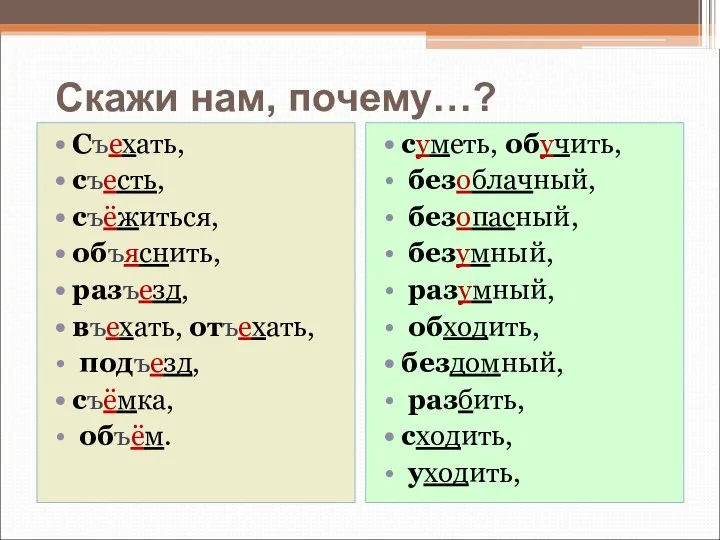 Скажи нам, почему…? Съехать, съесть, съёжиться, объяснить, разъезд, въехать, отъехать, подъезд,