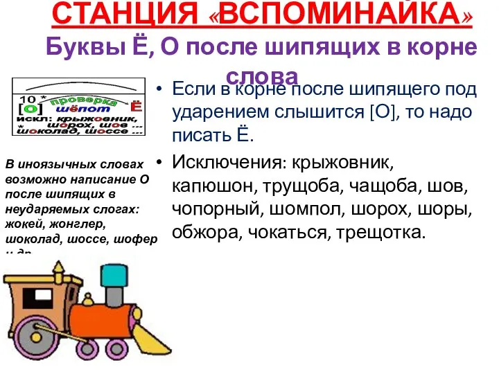 СТАНЦИЯ «ВСПОМИНАЙКА» Буквы Ё, О после шипящих в корне слова Если