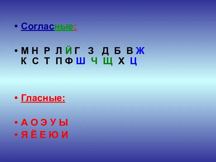 Согласные: М Н Р Л Й Г З Д Б В