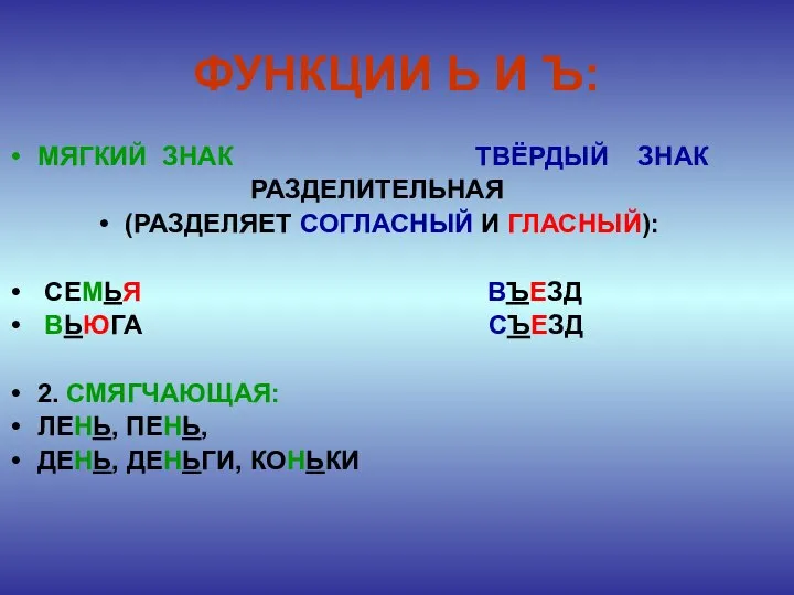 ФУНКЦИИ Ь И Ъ: МЯГКИЙ ЗНАК ТВЁРДЫЙ ЗНАК РАЗДЕЛИТЕЛЬНАЯ (РАЗДЕЛЯЕТ СОГЛАСНЫЙ