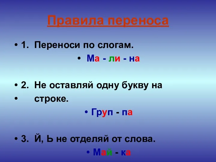 Правила переноса 1. Переноси по слогам. Ма - ли - на