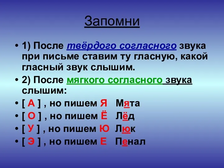 Запомни 1) После твёрдого согласного звука при письме ставим ту гласную,