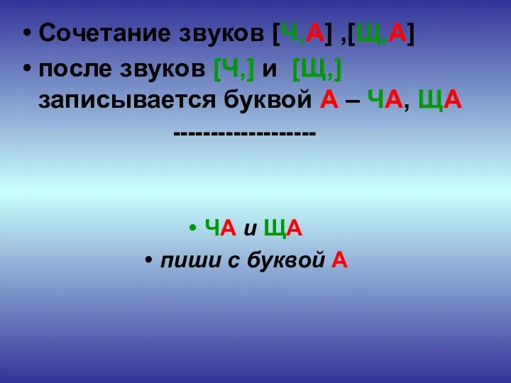 Сочетание звуков [Ч,А] ,[Щ,А] после звуков [Ч,] и [Щ,] записывается буквой