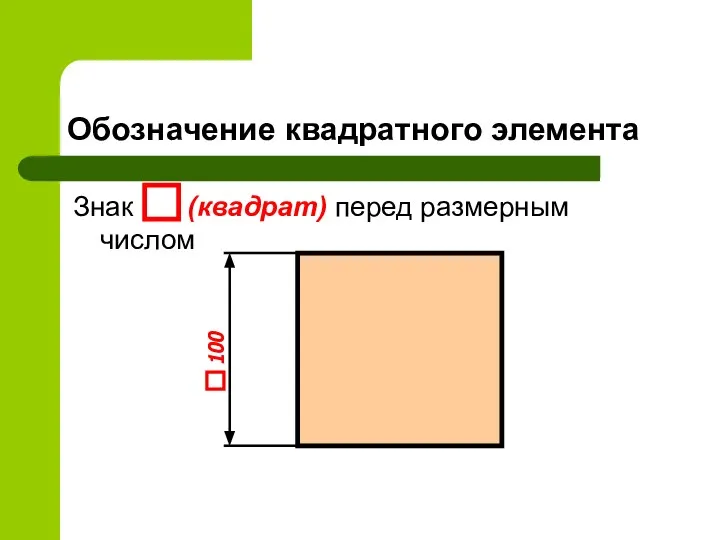 Обозначение квадратного элемента Знак (квадрат) перед размерным числом 100