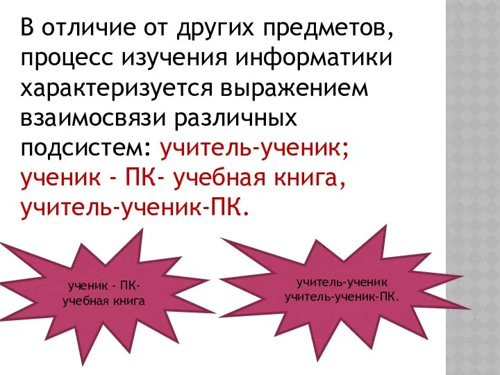 В отличие от других предметов, процесс изучения информатики характеризуется выражением взаимосвязи