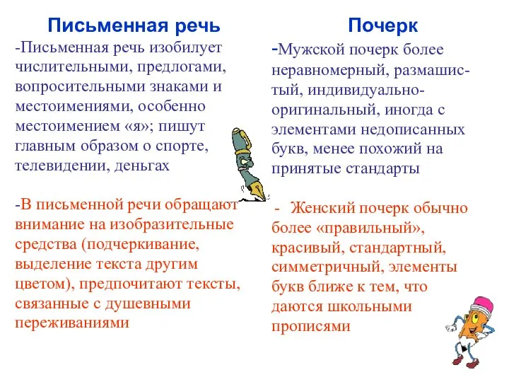 Письменная речь -Письменная речь изобилует числительными, предлогами, вопросительными знаками и местоимениями,