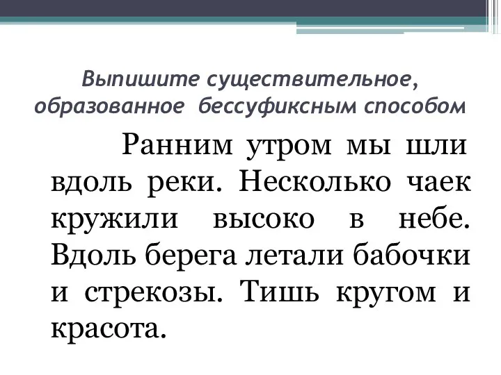 Выпишите существительное, образованное бессуфиксным способом Ранним утром мы шли вдоль реки.