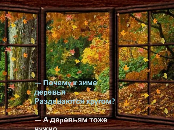 — Почемy к зиме деpевья Раздеваются кpyгом? — А деpевьям тоже нyжно Раздеваться пеpед сном!