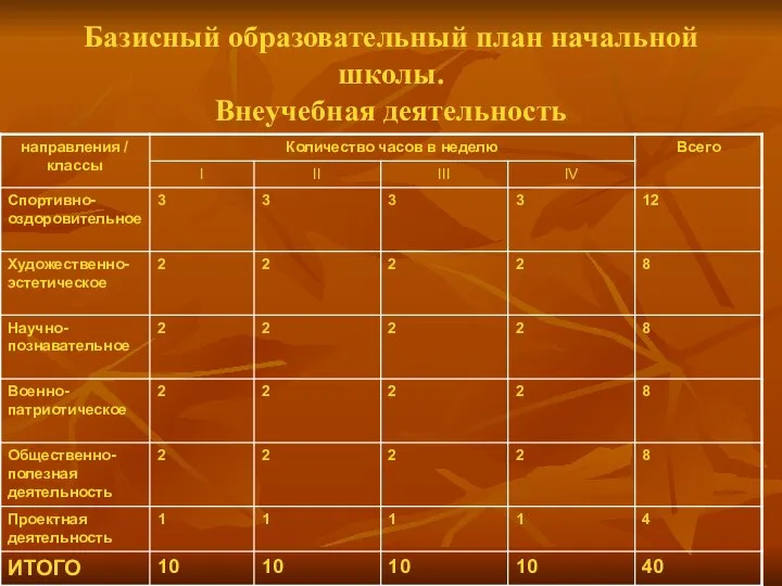 Базисный образовательный план начальной школы. Внеучебная деятельность