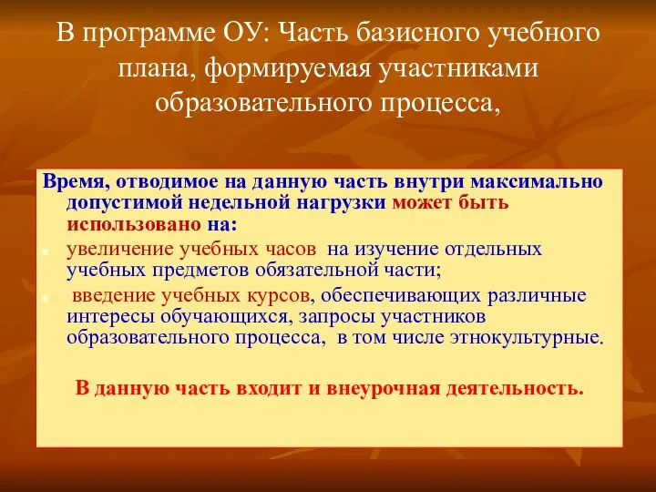 В программе ОУ: Часть базисного учебного плана, формируемая участниками образовательного процесса,