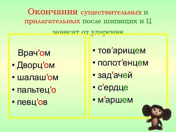 Окончания существительных и прилагательных после шипящих и Ц зависят от ударения