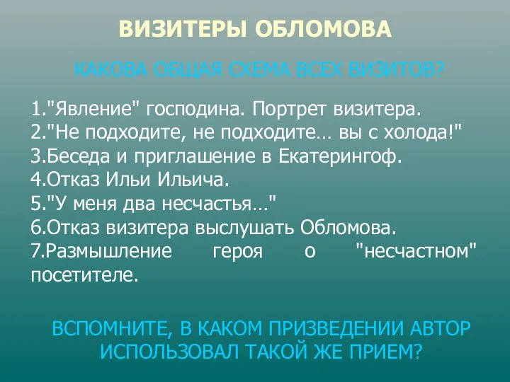 ВИЗИТЕРЫ ОБЛОМОВА 1."Явление" господина. Портрет визитера. 2."Не подходите, не подходите… вы