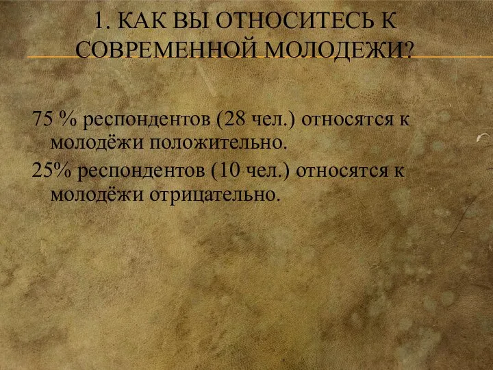 1. КАК ВЫ ОТНОСИТЕСЬ К СОВРЕМЕННОЙ МОЛОДЕЖИ? 75 % респондентов (28