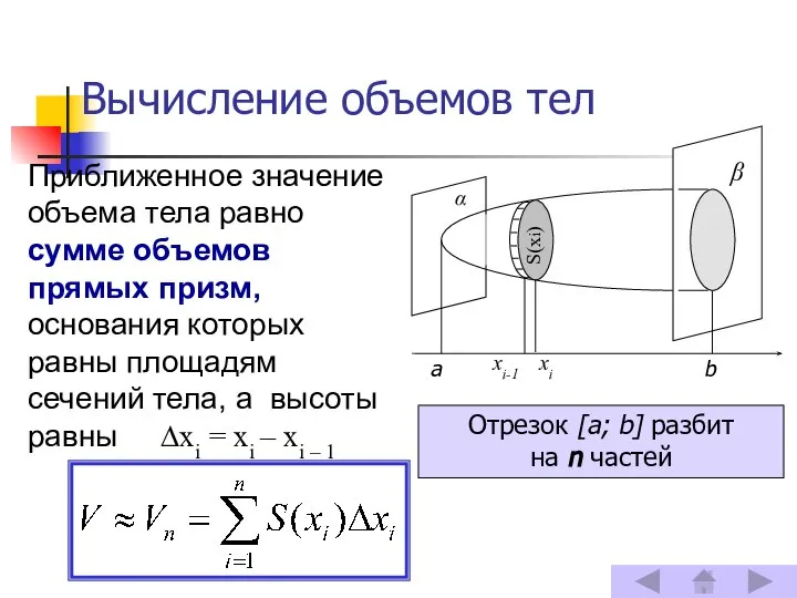 Вычисление объемов тел Приближенное значение объема тела равно сумме объемов прямых