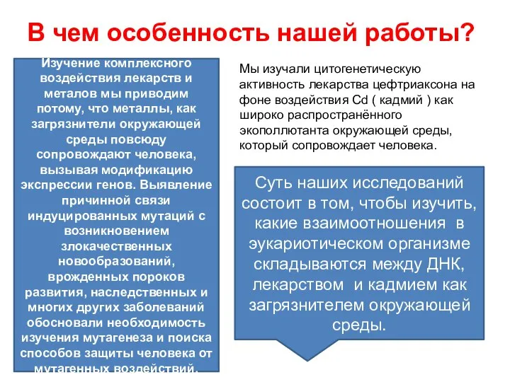 В чем особенность нашей работы? Изучение комплексного воздействия лекарств и металов