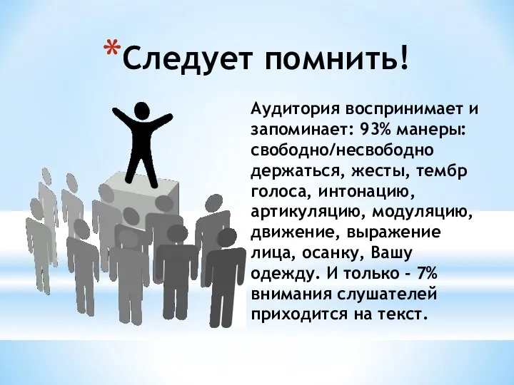 Следует помнить! Аудитория воспринимает и запоминает: 93% манеры: свободно/несвободно держаться, жесты,