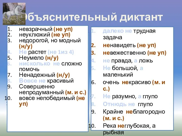 Объяснительный диктант (не)взрачный (не)уклюжий (не)дорогой, но модный (не)растет (не)умело нисколько (не)сложно