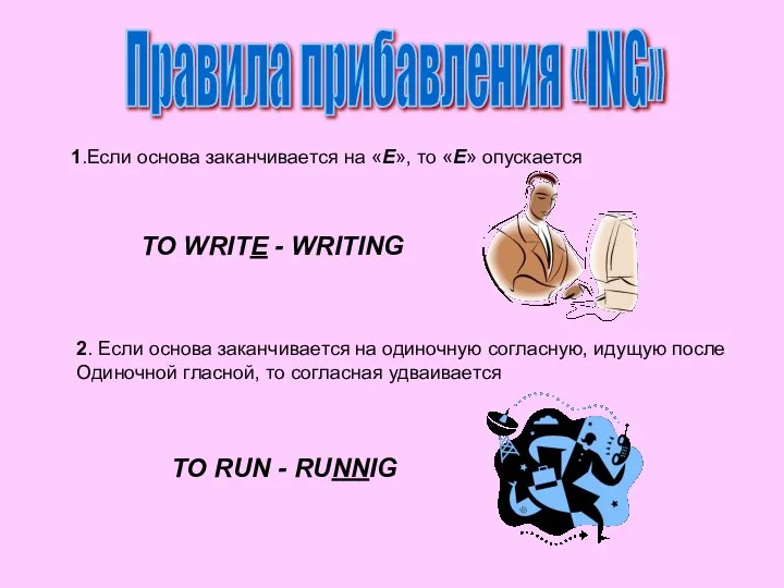 Правила прибавления «ING» 1.Если основа заканчивается на «E», то «E» опускается