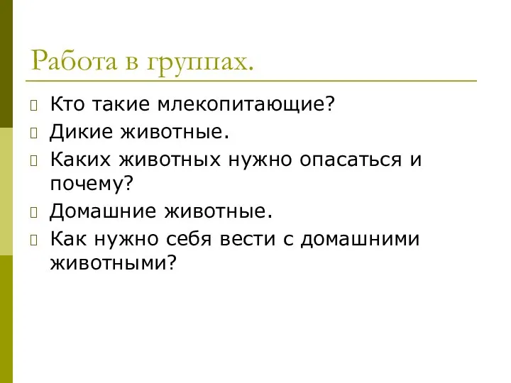 Работа в группах. Кто такие млекопитающие? Дикие животные. Каких животных нужно