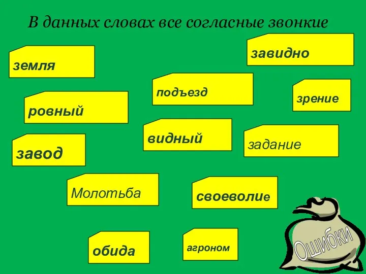 В данных словах все согласные звонкие обида агроном своеволие задание видный