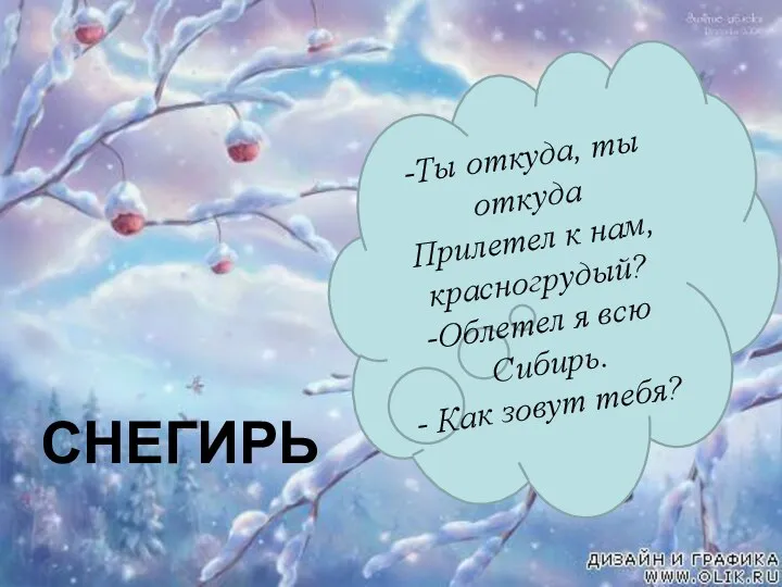 -Ты откуда, ты откуда Прилетел к нам, красногрудый? Облетел я всю Сибирь. Как зовут тебя? СНЕГИРЬ