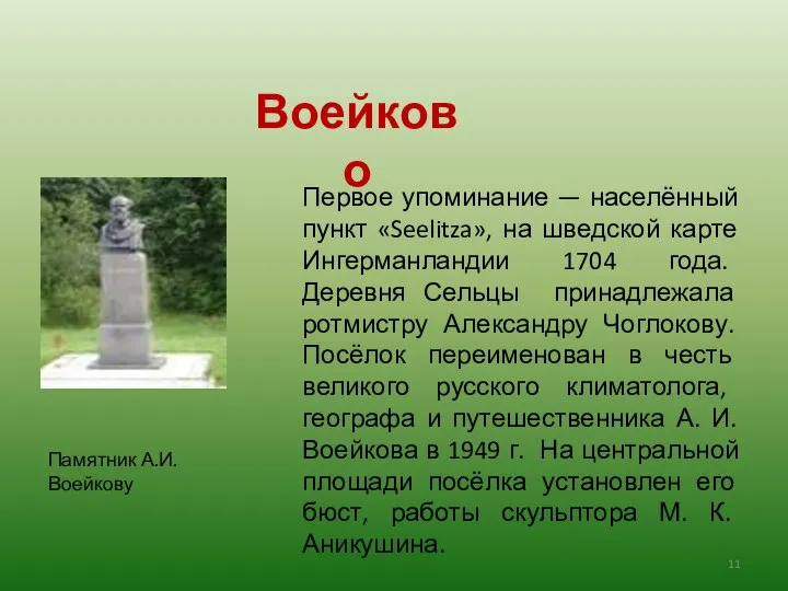 Памятник А.И. Воейкову Первое упоминание — населённый пункт «Seelitza», на шведской