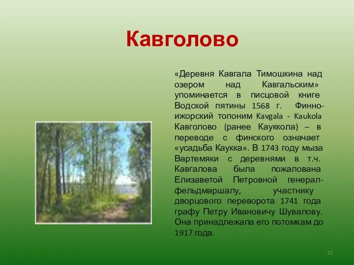 Кавголово «Деревня Кавгала Тимошкина над озером над Кавгальским» упоминается в писцовой